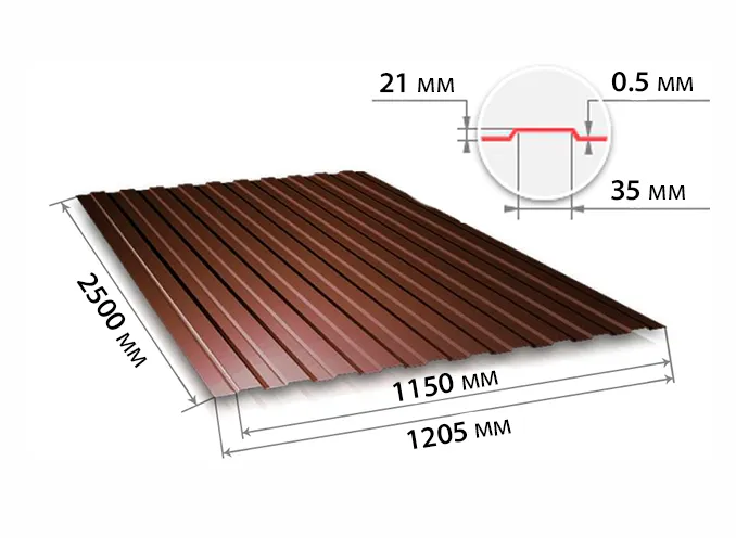 Профнастил С21 шоколадно-коричневый RAL8017  2500х1050х0,5 мм   